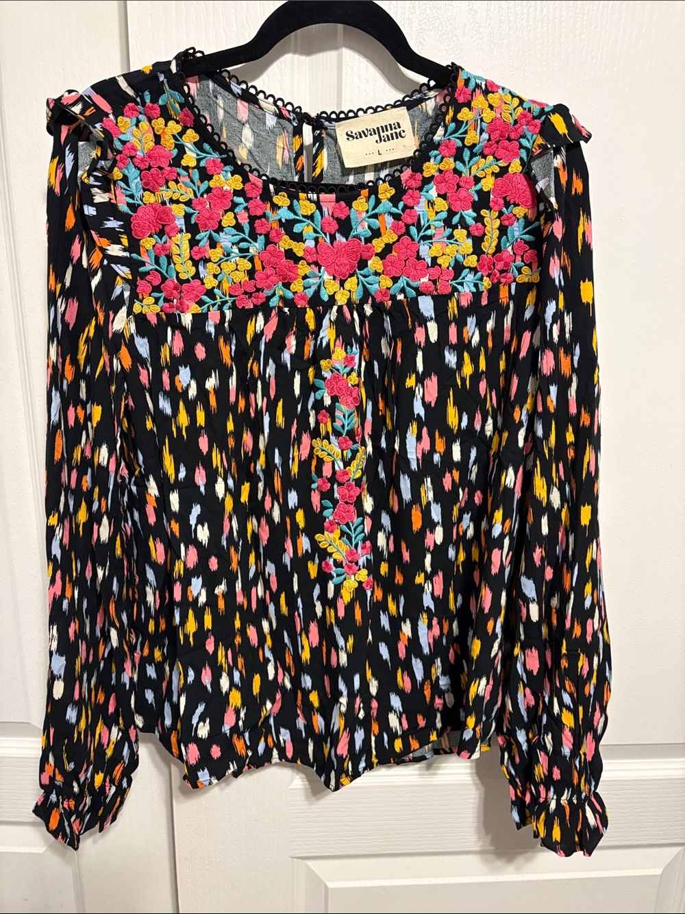 Savanna Jane Black Floral Embroidered Yoke Long Sleeve Blouse